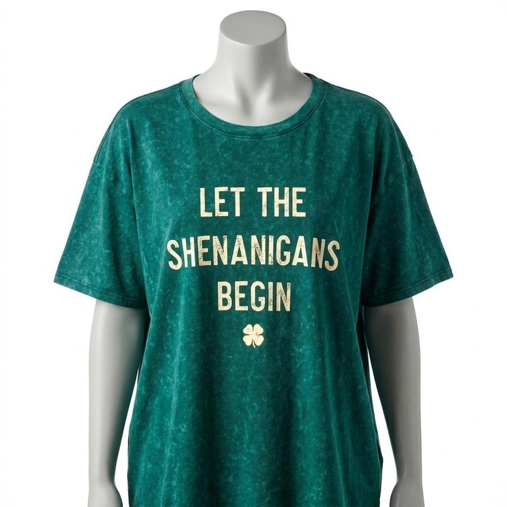 Vintage Wash Green Shamrock Graphic Tee St Patricks Day Casual Slouchy T-Shirt‎
